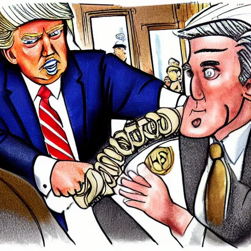 Image similar to a perfect hand drawn picture of donald trump being put into hand cuffs by fbi a gents outside of his florida country club, insanely detailed