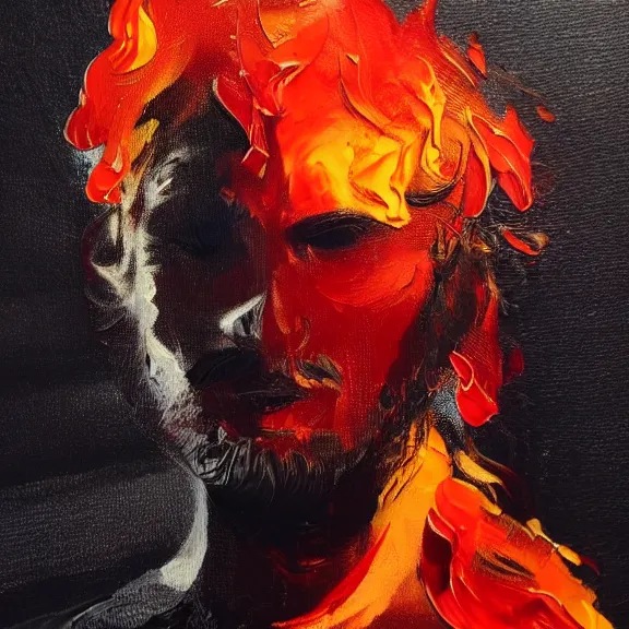 Prompt: abstract painting of man on fire. Handsome. Long hair. portrait. ArtStation. Impressionist. Silouette.