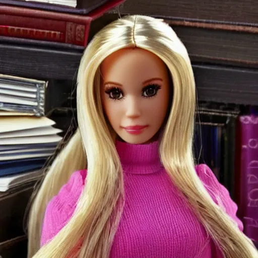 Prompt: a tired!!!!! and sad!!!!! looking barbie doll sits at a desk in her office. the desk is overflowing!!! with several large stacks!!! of paper that surround!!! her entirely. her head is resting on her hand, photorealistic,