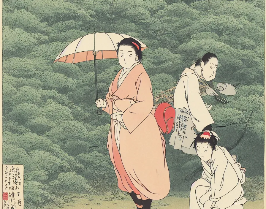 Prompt: female Retzling with short blond air, standing with big Totoro::20 at a japanese bus stop, holding an umbrella, in the dark forest, rainy night, Studio Ghibli, Hayao Miyazaki, Ukiyo-e, style Katsushika Hokusai,