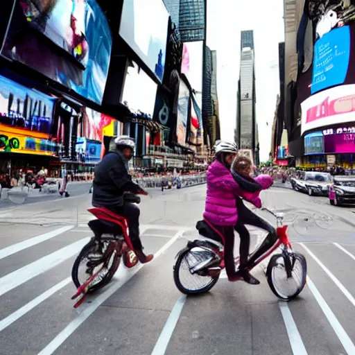 Image similar to two whitw unicorns riding bikes in time square, photoreal