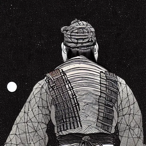 Image similar to A PORTRAIT FROM BEHIND OF A SAMURAI MAN VAGABOND WITH A MOON BEHIND HIM ,THE SAMURAI IS WRAPPED IN CHAINS ,detailed, concept art, ink style , sketch