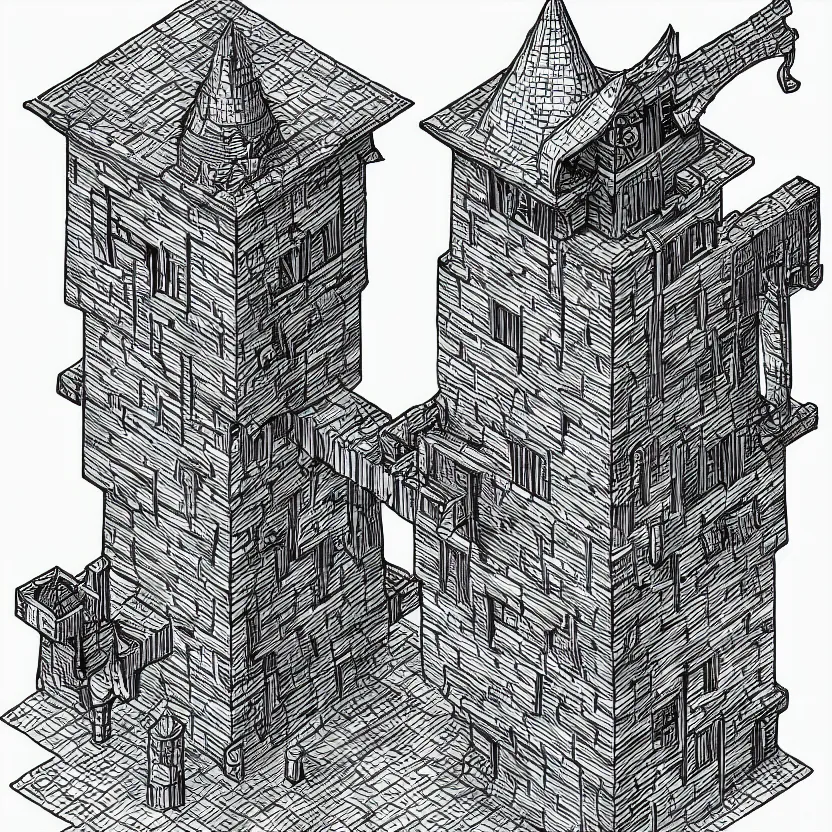 Image similar to isometric view of a wizard's tower, lineart