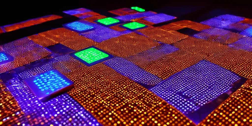 Image similar to 9-track machines made of digital grids and glowing stones with embedded LEDs. amber glowing screens.