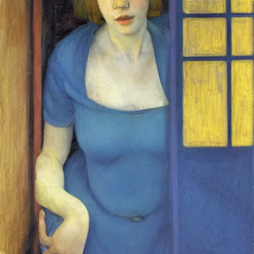 Image similar to close up of a girl in a blue and gold haunted liminal abandoned room, film still by edward hopper, by Pontormo, by klimt, pre-raphaelite. art noveau, art noveau, highly detailed, strong lights, liminal, eerie, Bright pastel colors