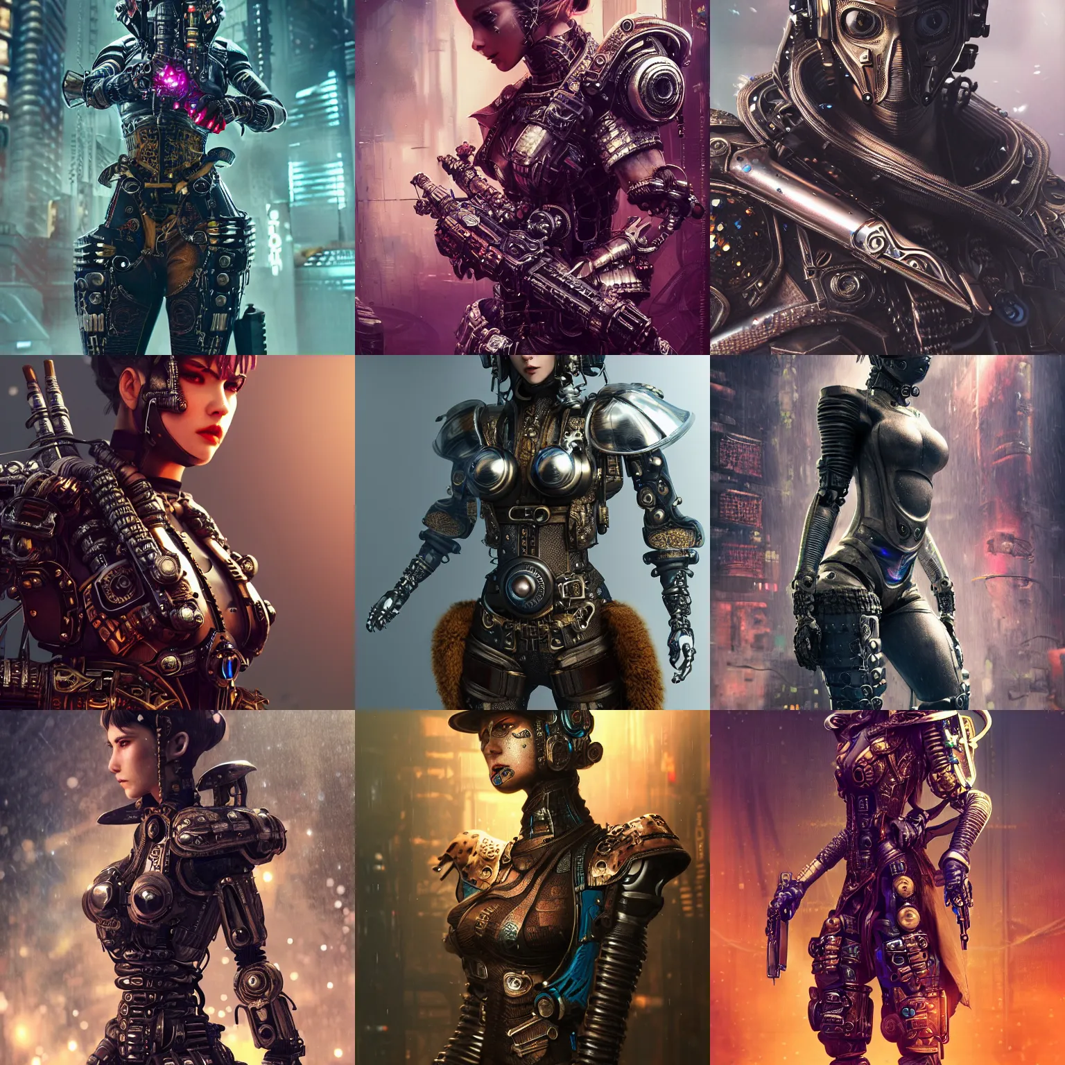 Prompt: 8k ultra realistic retro futuristic steampunk assassin, detailed intricate ornate armour,blade runner, cybernetic, full of colour, cinematic lighting, battered, trending on artstation, 4k, hyperrealistic, focused, extreme details,unreal engine 5, cinematic, masterpiece, art by ayami kojima