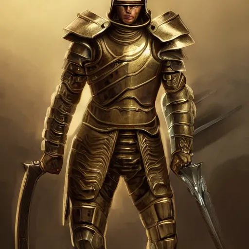 Prompt: Full body portrait of a futuristic super-soldier wearing roman style mechanized body armor and wielding a gold-slaying sword, D&D, fantasy, elegant, hopeful, muscular, gothic, futuristic, intelligent, highly detailed, digital painting, artstation, concept art, smooth, sharp focus, illustration