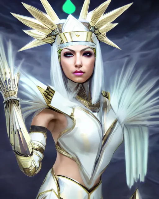 Image similar to perfect white haired attractive egyptian goddess, warframe armor, pharaoh headdress, beautiful, symmetric, dreamy, half asian, pretty face, green eyes, charlize theron, detailed, scifi platform, laboratory, experiment, 4 k, ultra realistic, epic lighting, android body, illuminated, cinematic, masterpiece, art by akihito tsukushi, voidstar