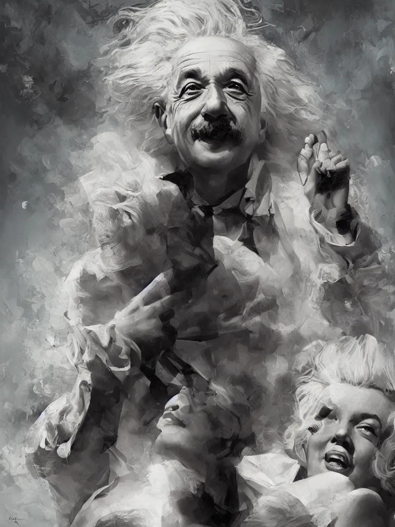 Image similar to Albert Einstein meets Marilyn Monroe, hyperdetailed artstation cgsociety by greg rutkowski and by Gustave Dore