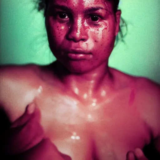 Prompt: close up portrait of woman boxer after boxing with brews blood sweating, photography photojournalism, very grainy image, neon light, 80mm lens, close up portrait polaroid