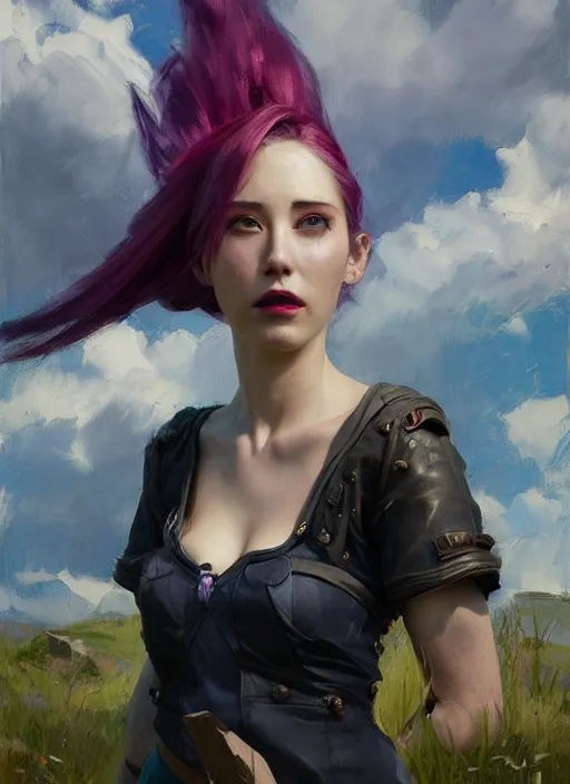 Image similar to portrait of Jinx from League of Legends after work, countryside, calm, fantasy character portrait, dynamic pose, above view, sunny day, thunder clouds in the sky, artwork by Jeremy Lipkin and Giuseppe Dangelico Pino and Michael Garmash and Rob Rey, very coherent asymmetrical artwork, sharp edges, perfect face, simple form, 100mm