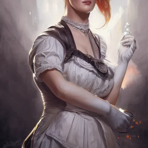 Prompt: a portrait of alexandra breckenridge as a maid, urban motifs, intricate, elegant, highly detailed, digital painting, trending on artstation, concept art, smooth sharp focus, illustration, art by artgerm and greg rutkowski