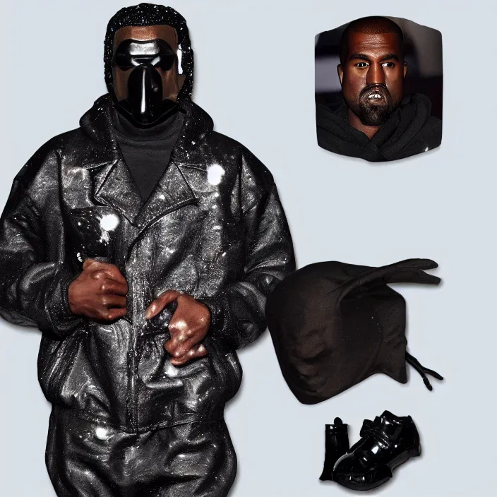 Image similar to kanye west using a black mask with small holes, a black shirt, a black undersize hoodie and black rubber boots, a mcdonald's happy meal toy figure of kanye west using a black mask with small holes, a black shirt, a black undersize hoodie and black rubber boots, figurine, detailed product photo