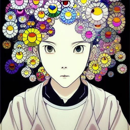 Prompt: prompt: Fragile looking soft light portrait face drawn by Takashi Murakami and Katsuhiro Otomo, inspired by Ghost in Shell anime, magical and alchemical objects on the side, soft light, monochrome background, intricate detail, intricate ink painting detail, sharp high detail, manga and anime 2000