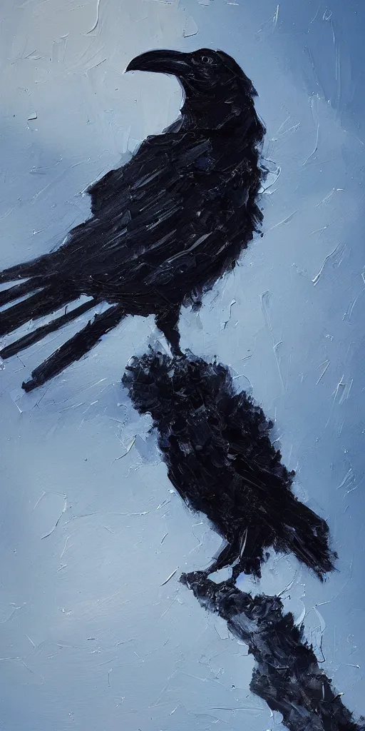 Image similar to an abstract oil painting of a crow on top of a dark winter mountain; hyper-detailed; an extraordinary masterpiece!!!; flawless; trending on artstation