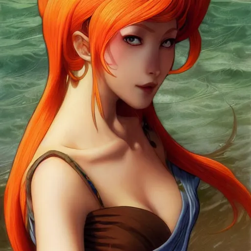 Prompt: intricately detailed vfx portrait of swedish nami from one piece by eiichiro oda, makoto shinkai, alphonse mucha, art by artgerm and greg rutkowski, best of behance, concept art, matte, sharp focus, orange hair, elegant, adolphe bouguereau, annie leibovitz, stanley kubrick, hdr,