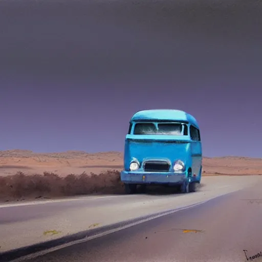 Image similar to a beautiful painting of a lone blue van driving down a single highway running through a deserted nevada highway, drawn by todd macfarlane and greg rutkowski.