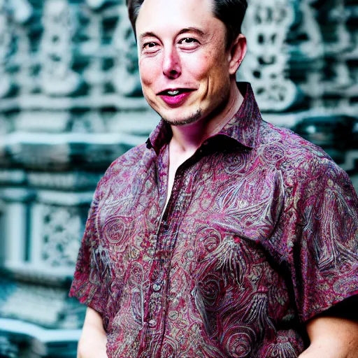 Image similar to A Photo Portrait of elon musk Wearing Indonesian Batik at a fancy Balinese temple, award winning photography, sigma 85mm Lens F/1.4, blurred background, perfect faces