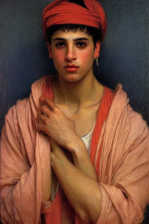 Image similar to Portrait of a young muscular jewish moroccan young man magician with an earring, orientalist, victor Nizovtsev, bouguereau