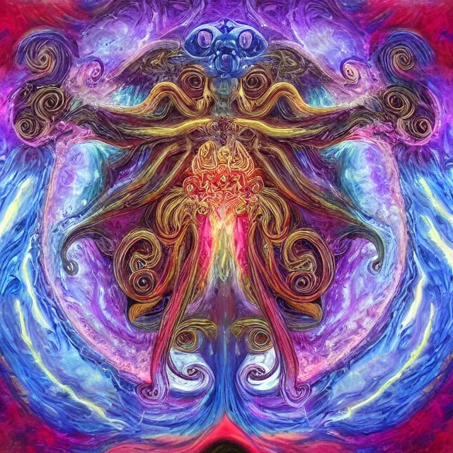 Image similar to angelic ophanim Lovecraftian horror covered in eyes tentacles and wings, oil painting award winning, chromatic aberration sharp colors, fractal geometry insane angel