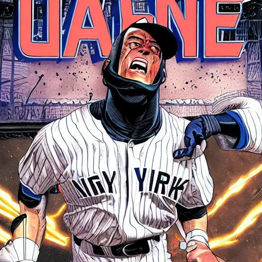 Prompt: aaron judge in a rage, yankees, graphic novel cover art, alex ross