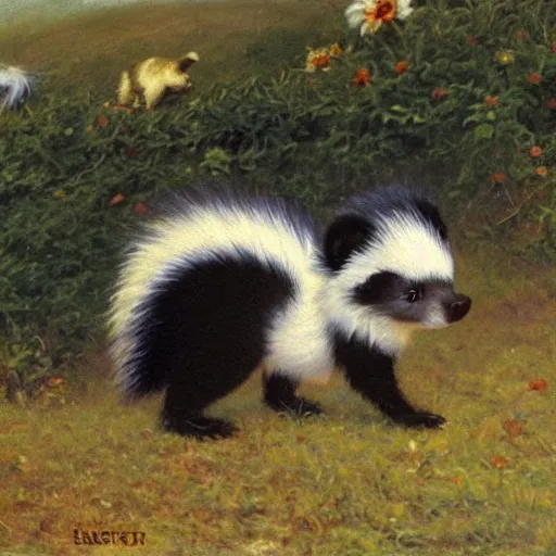 Prompt: oil painting, littlest pet shop fuzzy cute skunk in field, close up, noel coypel, emile eisman - semenowsky, edouard bisson