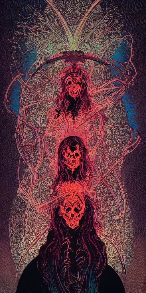 Image similar to intense glowing black metal pagan god with spider eyes and spider legs with a skull in very dark void by josan gonzales and moebius and alphonse mucha, portrait, light beams, lens flare, studio muti, malika favre, rhads, makoto, black and red and teal