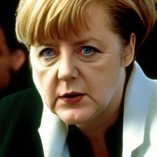 Image similar to angela merkel as trinity, starring in the movie the matrix, 1999. Cinematic