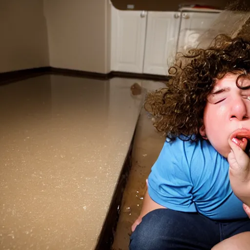 Image similar to flash photography of chubby teenage boy with long curly brown hair vomiting, and flooding the basement he is sitting in with vomit