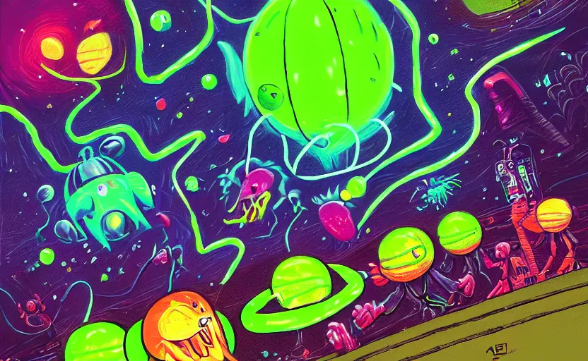 Image similar to alien tennis ball monsters in space, colorful neon, digital art, fantasy, magic, chalk, trending on artstation, ultra detailed, professional illustration by basil gogos