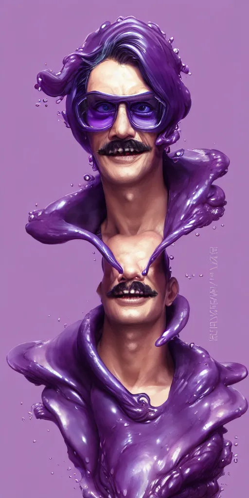 Image similar to Extremely Detailed and Full Portrait scene of Gooey Ocean scene in ink and refined sand, Waluigi with shades on face. wearing a purple dress full body smiling by Akihito Yoshitomi AND Yoji Shinkawa AND Greg Rutkowski, Mark Arian trending on artstation