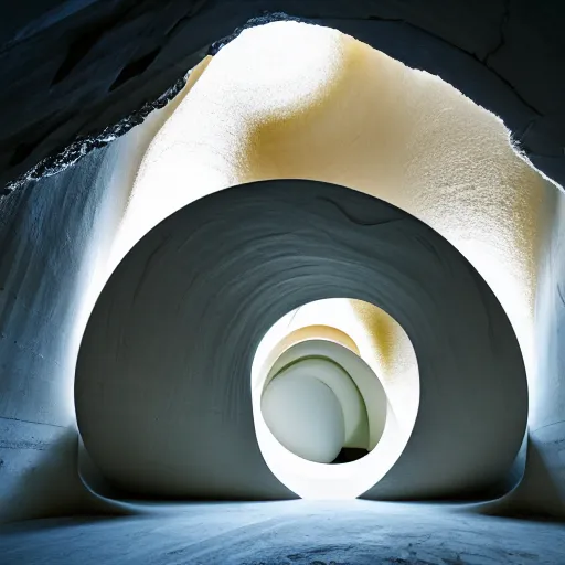 Image similar to a circular portal structure in the centre of an abandoned white cave full of geodes, beautiful curves, golden ratio, epic lighting, unusual composition, 4 k, zaha hadid, irakli nadar