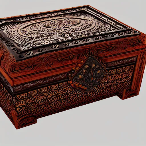 Image similar to a small arabesque carved wooden box with the lid open displaying a magic orange glowing orb inside. the box is sitting on a wooden tabel top with paper and magazines surrounding the box, hyper detail, dramatic lighting, octane render, unreal engine