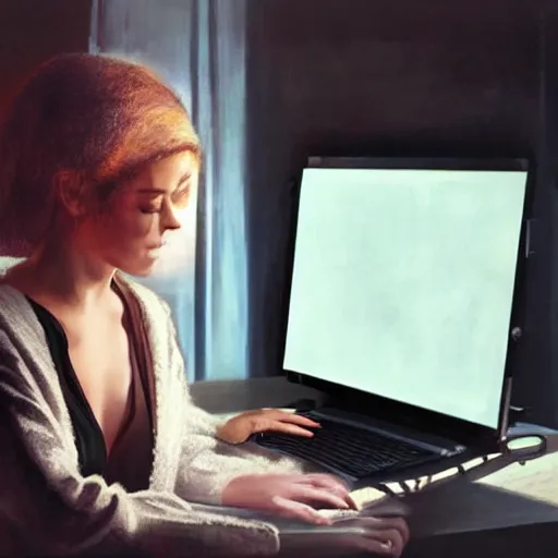 Prompt: beautiful cinematic hyperrealistic portrait with cinematic shadows and lights where a work appears sitting typing on a computer happy