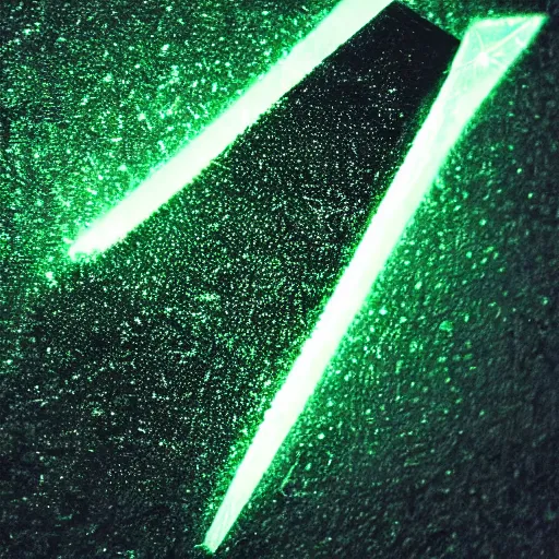 Prompt: a glowing shard of kryptonite held in an open black - gloved hand, night photography, pitch black, lit only by the green glow of the kryptonite