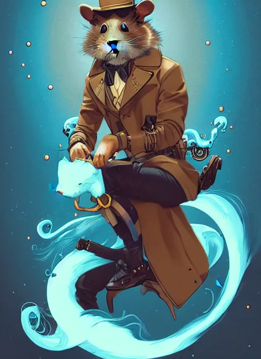 Prompt: style artgerm, joshua middleton, illustration, anthropomorphic hamster as cowboy steampunk aristocrat, blue fur, swirling water cosmos, fantasy, dnd, cinematic lighting, collectible card art