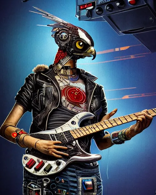 Image similar to a portrait of an anthropomorphic cyberpunk falcon shredding an electric guitar by sandra chevrier, by jon foster, detailed render, tape deck, epic composition, cybernetics, 4 k realistic, cryengine, realistic shaded lighting, sharp focus, masterpiece, by enki bilal