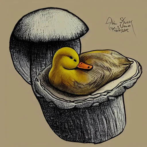 Image similar to duck sleeping on a giant mushroom digital drawing