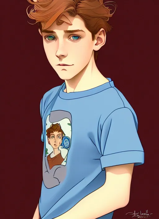 Image similar to art nouveau portrait of a teen boy with completely straight auburn hair, light blue eyes, pale skin, freckles, sad expression, t - shirt, modern casual clothing, natural lighting, path traced, highly detailed, high quality, cartoon, digital painting, by don bluth and ross tran and studio ghibli and alphonse mucha