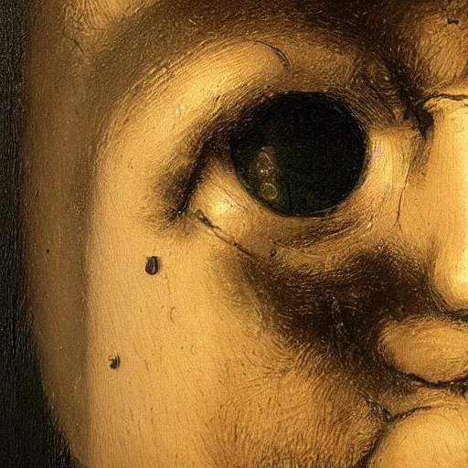 Prompt: a close up portrait painting of a tear dripping down a Robot’s face, in the style of Rembrandt