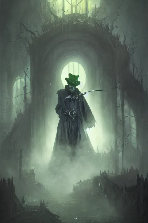 Image similar to A fancy portrait of a green plague doctor by Greg Rutkowski, Dan Mumford, Christophe Vacher, Sung Choi, Bloodborne, 8k photorealistic, volumetric lighting, HD, high details, dramatic, dark atmosphere, trending on artstation