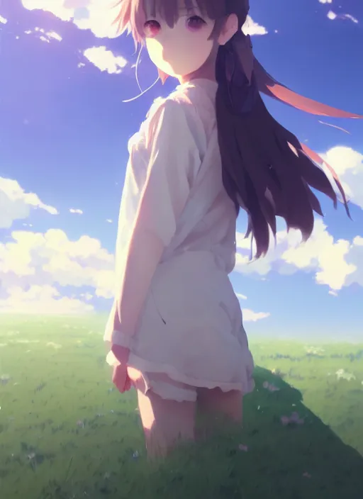 Image similar to portrait of cute girl, cloudy sky background lush landscape illustration concept art anime key visual trending pixiv fanbox by wlop and greg rutkowski and makoto shinkai and studio ghibli