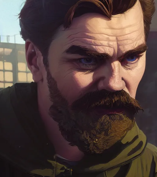 Image similar to Highly detailed portrait Nietzsche in GTA V, Stephen Bliss, unreal engine, fantasy art by Greg Rutkowski, Loish, Rhads, ferdinand knab, Makoto Shinkai and Lois van baarle, ilya kuvshinov, rossdraws, Tom Bagshaw, global illumination, radiant light, detailed and intricate environment