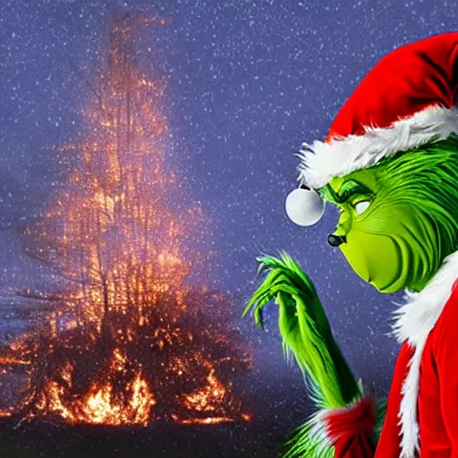 Prompt: the grinch manically laughing while an 80 ft Christmas tree burns in the background