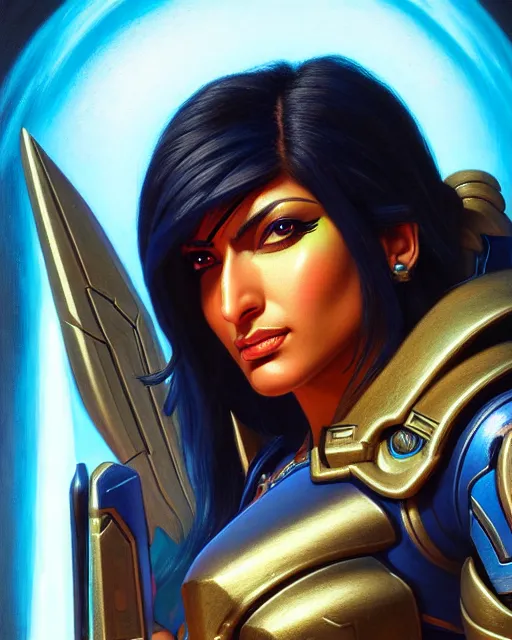 Prompt: pharah from overwatch, fantasy, fantasy art, character portrait, portrait, close up, highly detailed, intricate detail, amazing detail, sharp focus, vintage fantasy art, vintage sci - fi art, radiant light, caustics, by boris vallejo