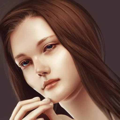 Prompt: A close-up portrait of a shy woman touching her hair, brown eyes, highly detailed, artstation, digital art, smooth