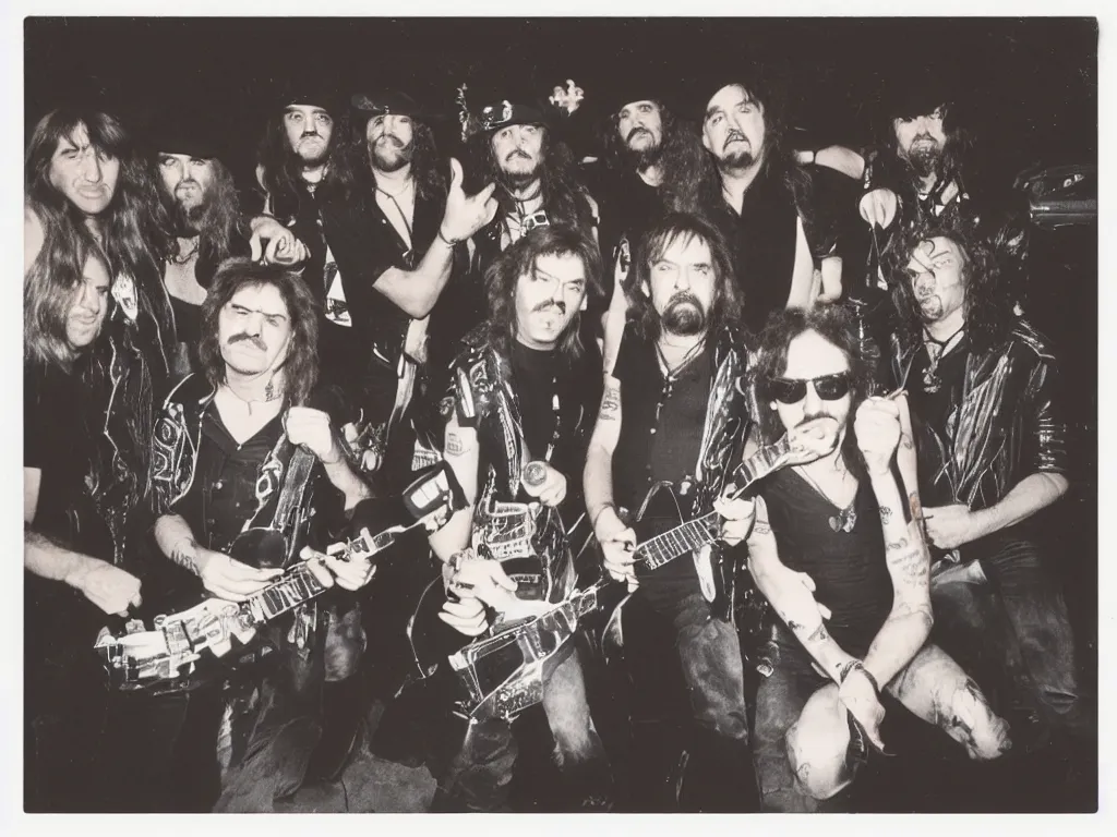 Image similar to 80s polaroid colour flash photograph of Motörhead concert