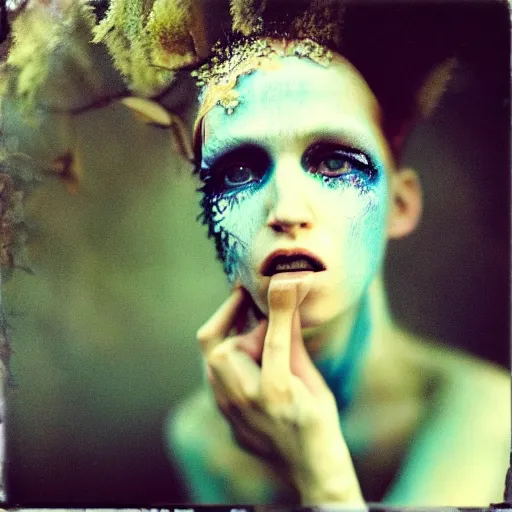 Image similar to kodak portra 4 0 0, wetplate, photo of a surreal artsy dream scene,, weird fashion, in the nature, highly detailed face, very beautiful model, portrait, expressive eyes, close up, extravagant dress, carneval, animal, wtf, photographed by paolo roversi style and julia hetta