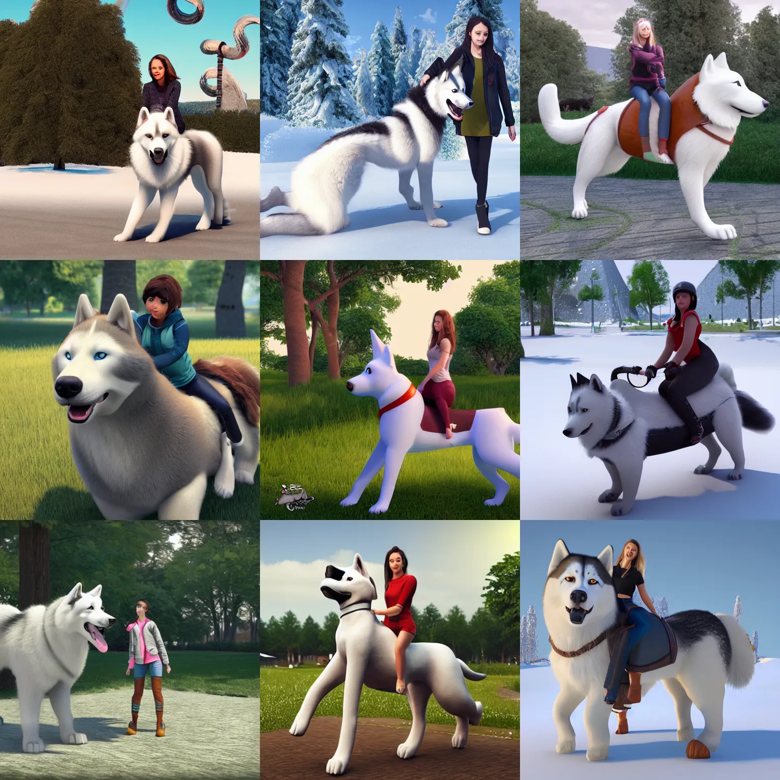 Prompt: girl riding a giant husky I'm the park Highly Detailed, Photorealism, HD quality, 8k resolution, cinema 4d, 3D, unreal engine 5, high quality, beautiful, cinematic —ar 16:9