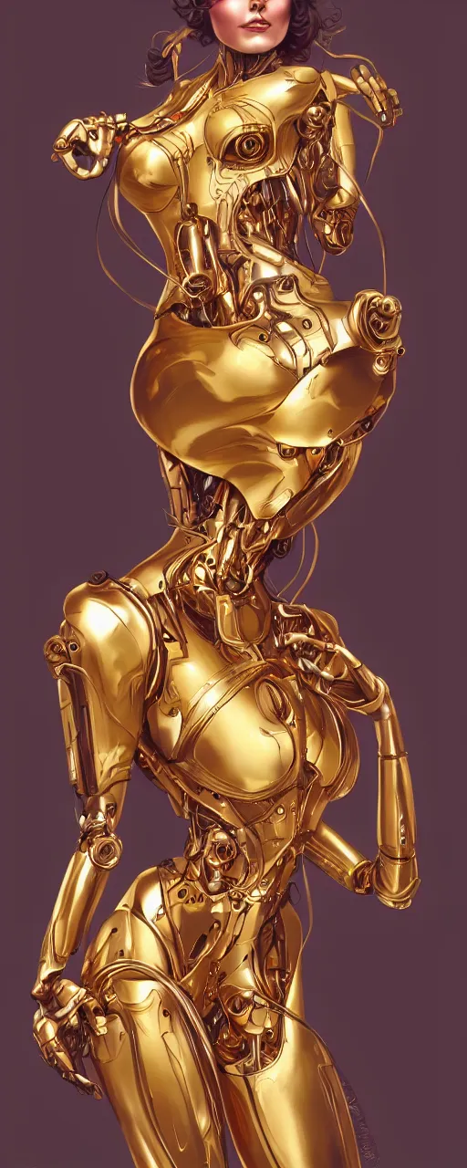 Prompt: beauty art nouveau woman, gold robotic, trending on artstation, by Artgerm